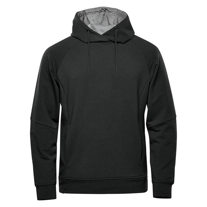 A dark green men's hoody with a drawstring hood and raglan sleeves, featuring a logo.