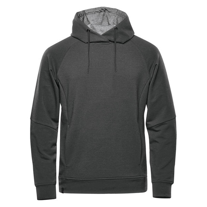 A dark grey hoodie featuring a drawstring hood and raglan sleeves, with a logo on the front.
