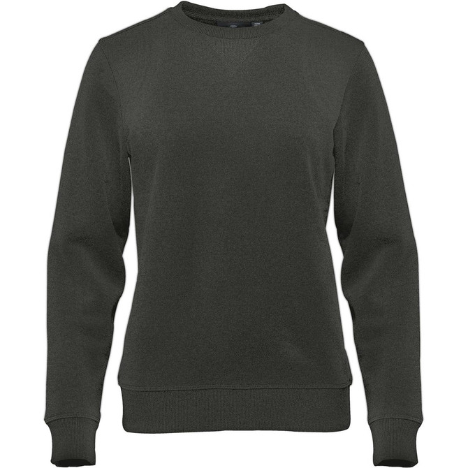 A green Women's Yukon Crew Pullover, featuring a simple design and ribbed cuffs, with a small logo on the front.