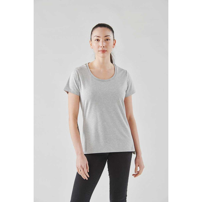 A grey women's short sleeve tee in a relaxed fit, featuring a round neckline and a subtle branding logo.