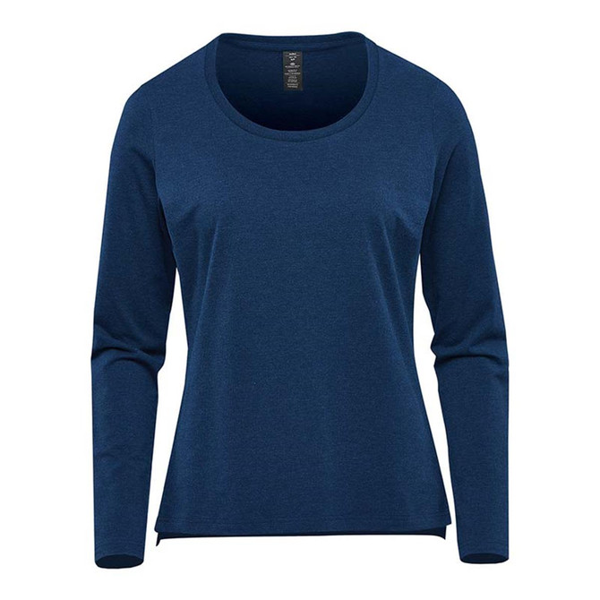 A long-sleeve women's performance tee in navy blue with a round neckline and a logo.