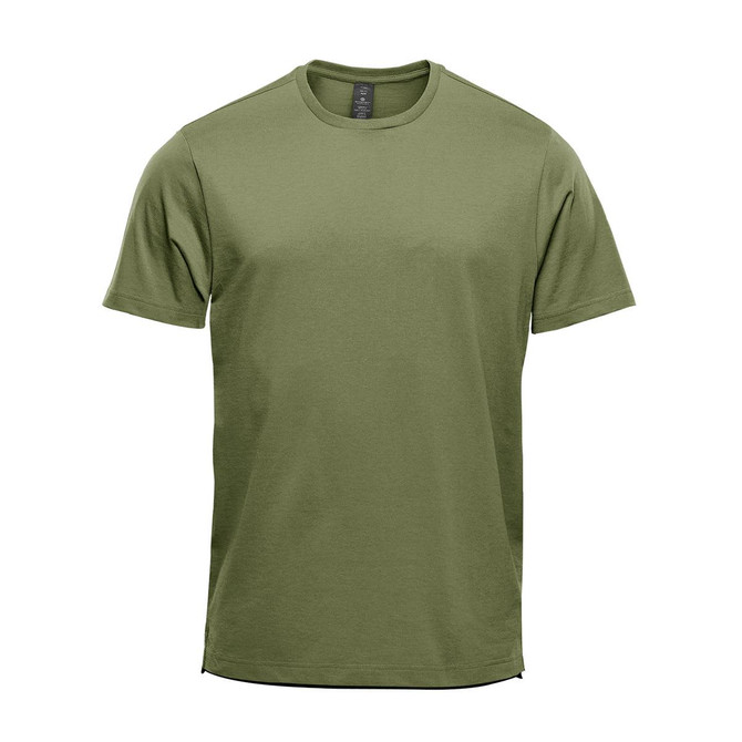 Men's short sleeve tee in olive green, featuring a simple design and a logo on the label.
