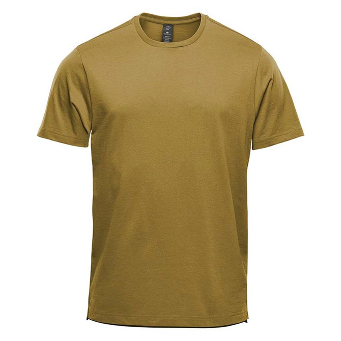A short sleeve tee in a khaki colour, featuring a simple design and a logo on the label.