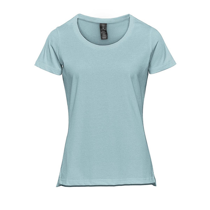 A women's short sleeve tee in a light teal colour with a round neckline and a simple design. It features a logo.