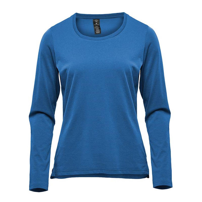 A women's long sleeve tee in a vibrant blue colour, featuring a round neckline and fitted sleeves, with a logo.