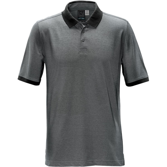 A dark grey polo shirt with a black collar and trim, featuring a logo on the upper chest.
