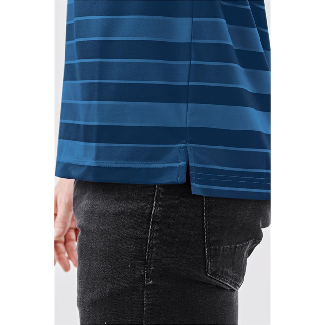 A close-up of a men's polo shirt in dark blue with horizontal stripes, featuring a side split detail.