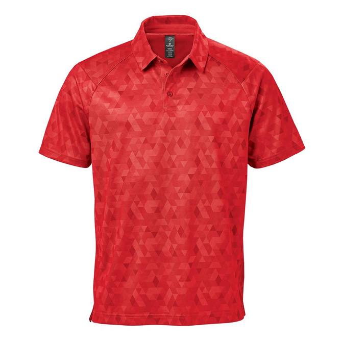 A red men's polo shirt featuring a textured geometric pattern and a collar. Includes a logo on the chest.