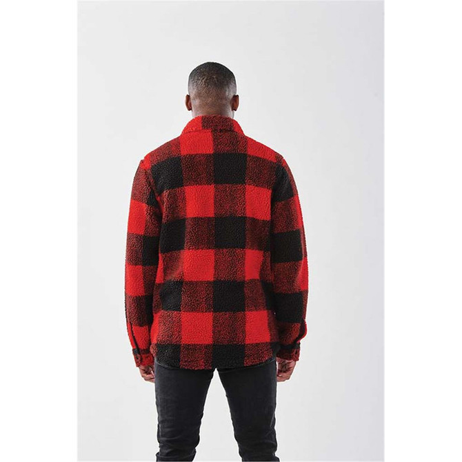 A unisex fleece jacket in red and black check pattern, featuring a logo and a collared design.