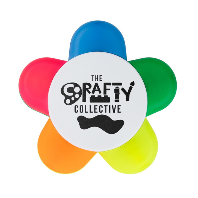 A highlighter set in the shape of a flower, featuring pink, orange, yellow, green, and blue petal-like highlighters.