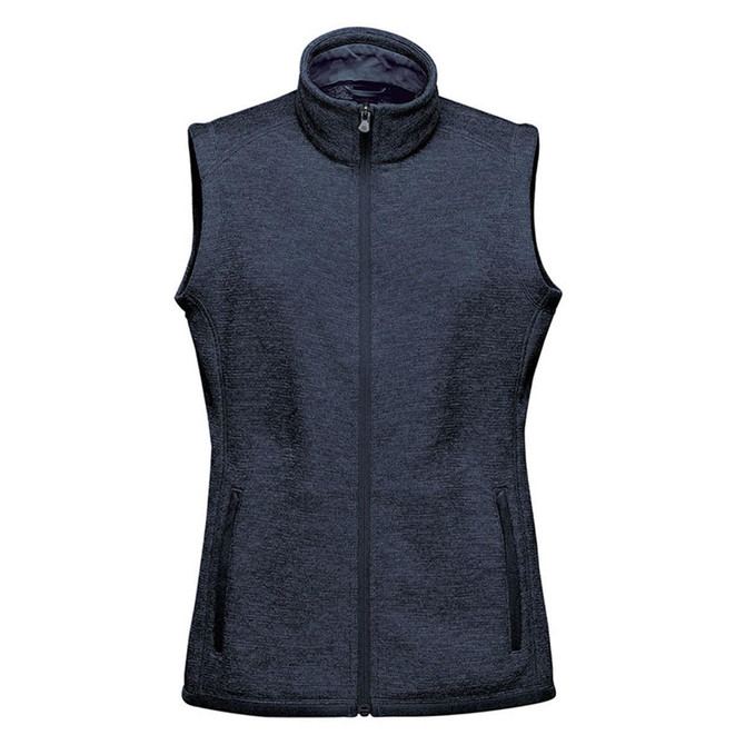 A women's full zip fleece vest in dark grey, featuring a high collar and two side pockets. It has a logo on it.