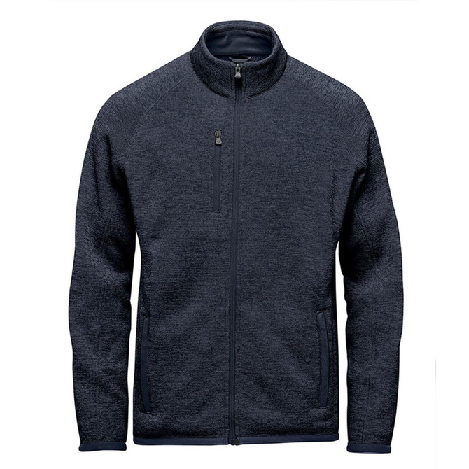 A men's full zip fleece jacket in dark grey, featuring a zippered chest pocket and side pockets, with branding.
