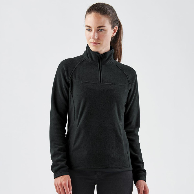 A black women's fleece jumper featuring a 1/4 zip and a subtle logo on the chest.