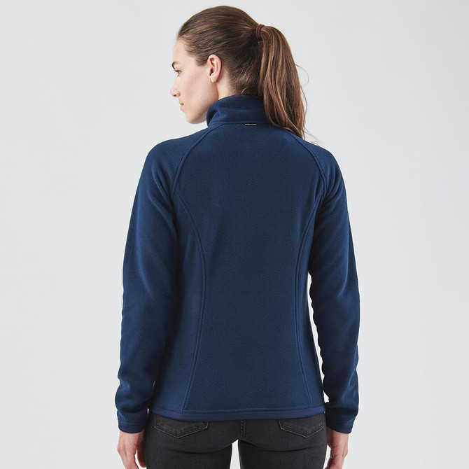 A navy women's fleece jumper with a 1/4 zip and a fitted design, featuring a logo on the back.