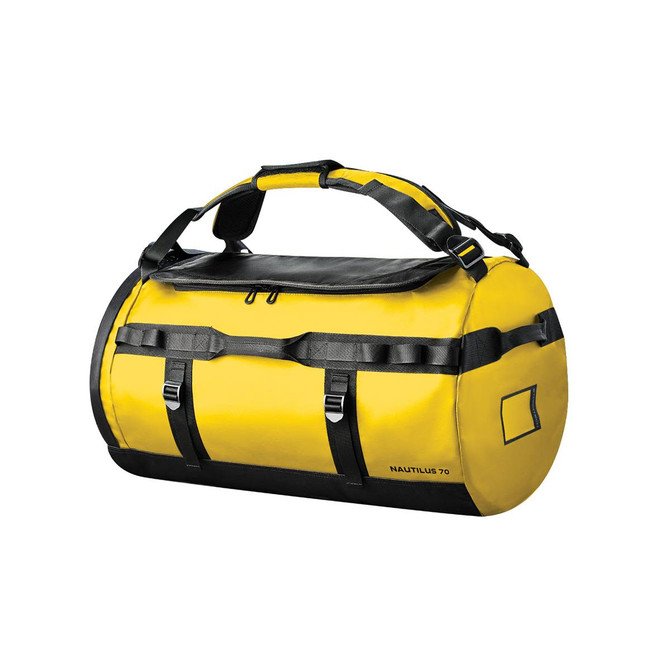 A yellow waterproof duffle bag with black accents, featuring handles and straps, and a branding logo.