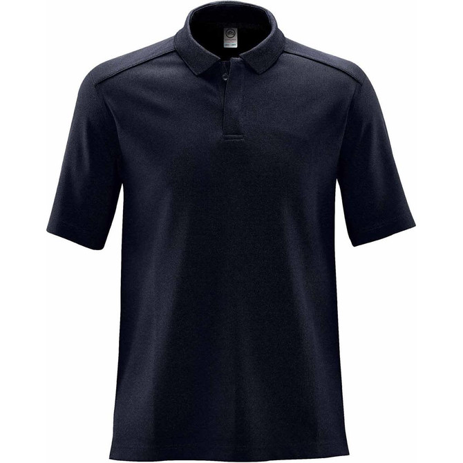 A navy blue polo shirt with a collar and short sleeves, featuring a logo on the chest area.