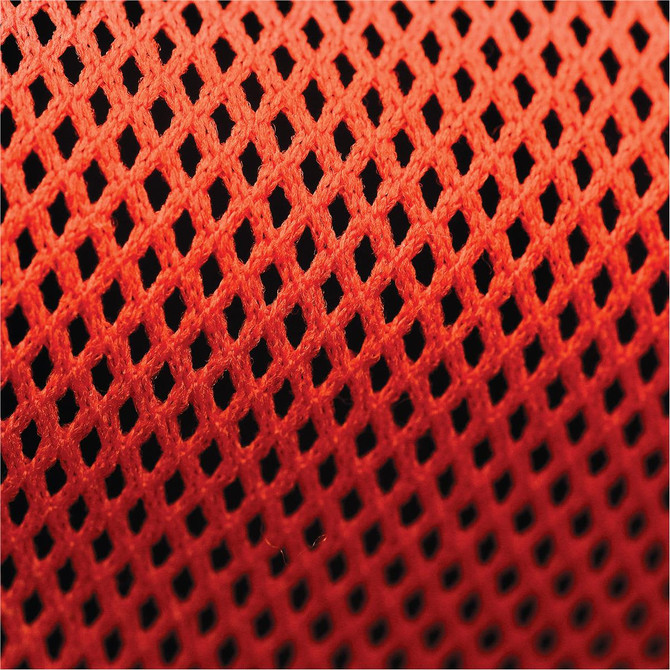A close-up of a textured mesh fabric in vibrant orange, showcasing a diamond lattice pattern against a black background.