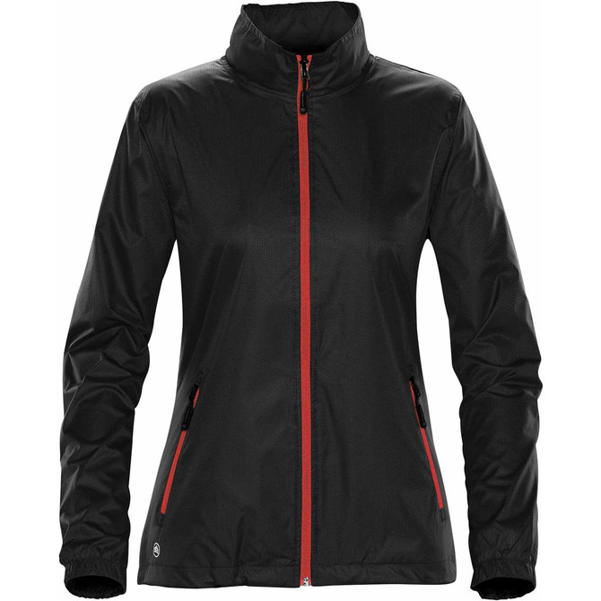 A women's rain jacket in black with red zippers and accents, featuring a stand-up collar and zippered pockets.