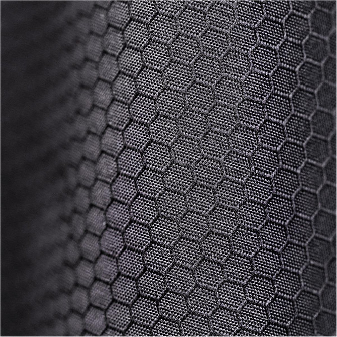 A close-up of textured black fabric with a hexagonal pattern, featuring a subtle sheen.