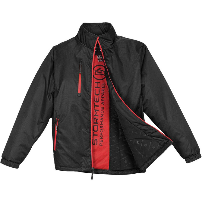 A black thermal jacket with red accents and a logo, featuring a zippered front and multiple pockets.