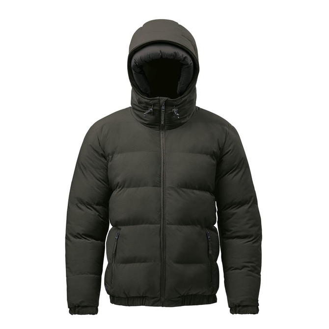A green thermal jacket with a hood, featuring a zip closure and side pockets. It has a smooth, padded design.