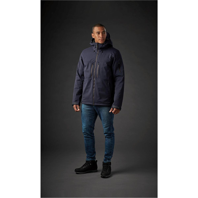 A dark navy men's jacket with a hood, zip closure, and front pockets, worn by a male model.