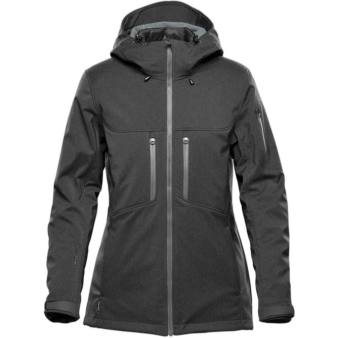 A women's jacket in dark grey with a hood, featuring multiple zippered pockets and a sleek design.