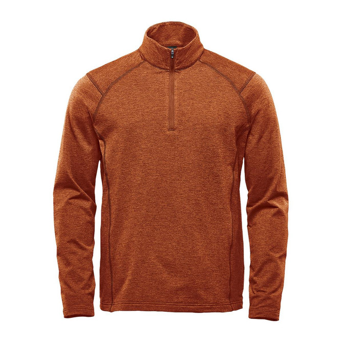 An orange men's 1/4 zip pullover jumper with a stand collar and raglan sleeves. It features a logo.