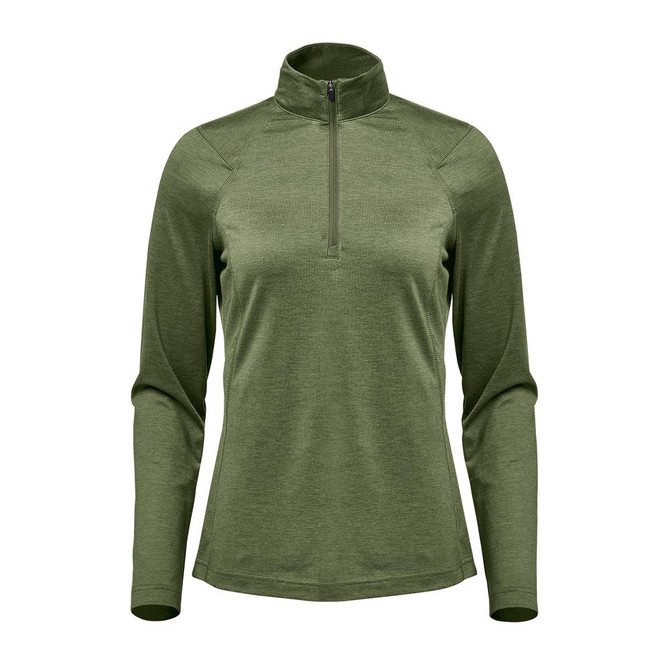 A green women's Milano 1/4 zip pullover with long sleeves and a high collar. Features a front zip and a logo.