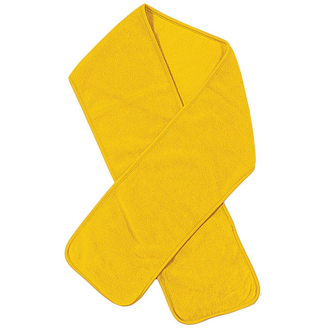 A bright yellow polar fleece scarf, featuring a soft texture and an outline stitch. It has a logo displayed.
