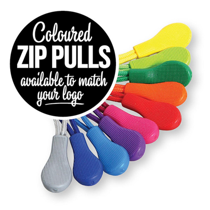 A collection of coloured zip pulls in various shades including blue, purple, pink, yellow, and orange.