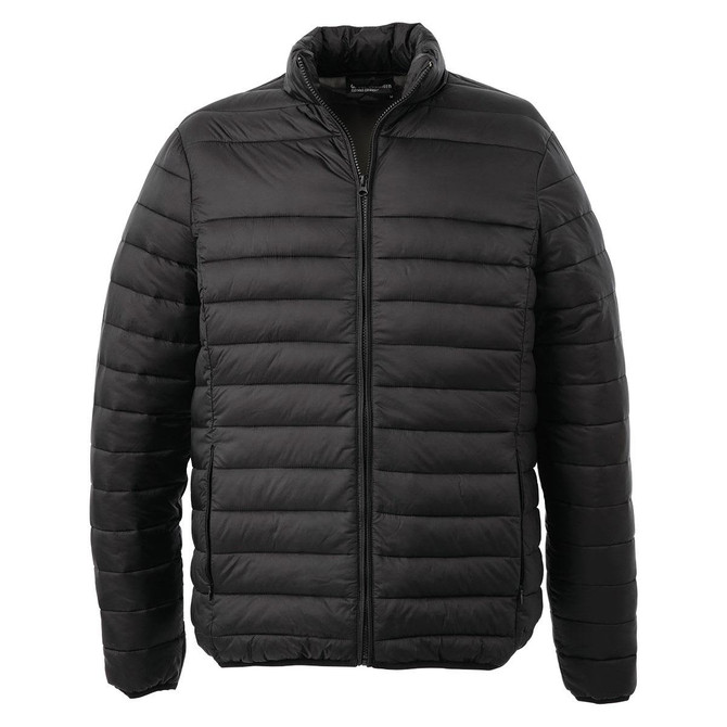 A black puffer jacket with a zip front and a stand-up collar. The jacket features a quilted design and has a logo.