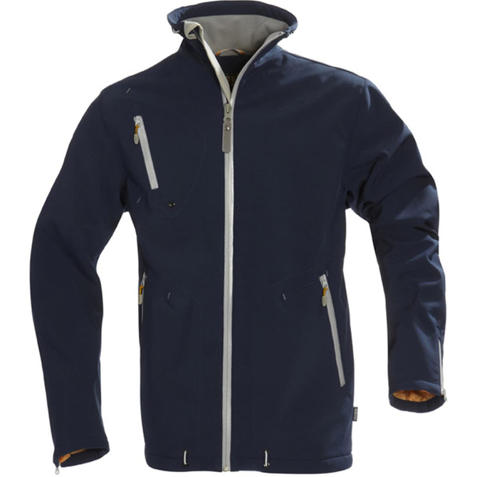 A navy men's softshell jacket featuring a zip front, multiple pockets, and a hood. It includes a logo on the fabric.