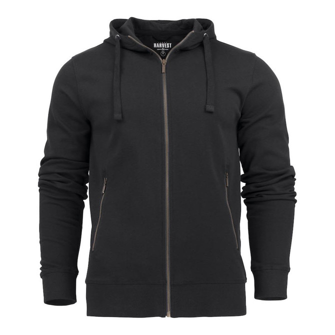A black zip-up men's hoodie featuring a hood and side pockets, with a logo on the inside neck.