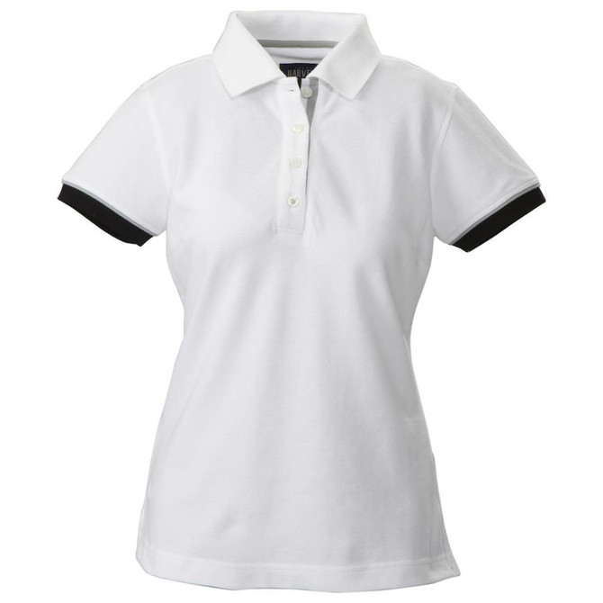 A white women's cotton polo shirt with black accents on the sleeves and a collar. It features a branded logo.