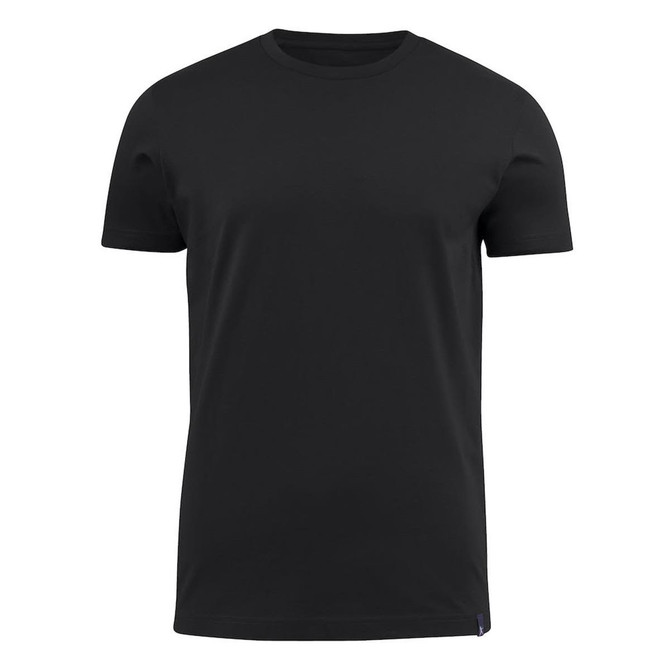 A black crew neck t-shirt with short sleeves and a small logo on the side.