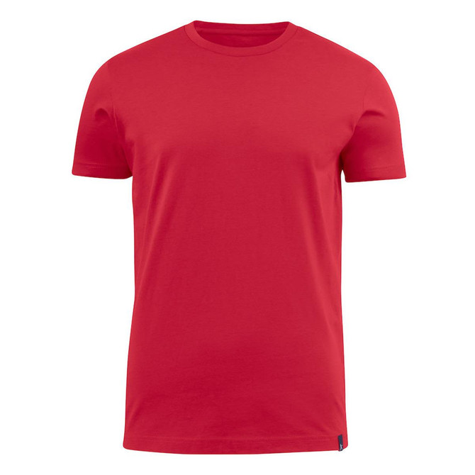 A red crew neck t-shirt with short sleeves and a logo at the hem. Suitable for casual wear.