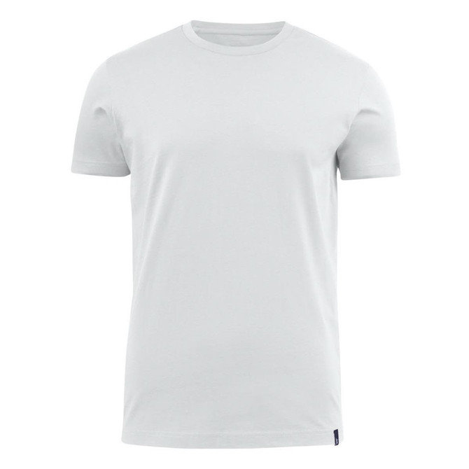 A light grey men's crew neck t-shirt with short sleeves and a logo at the hem.
