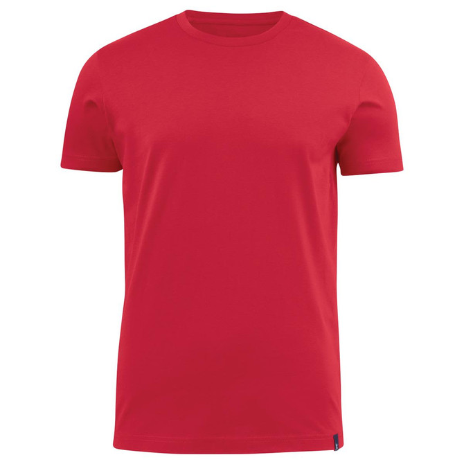 A red crew neck tee featuring short sleeves and a blank front, with a branding logo at the bottom.