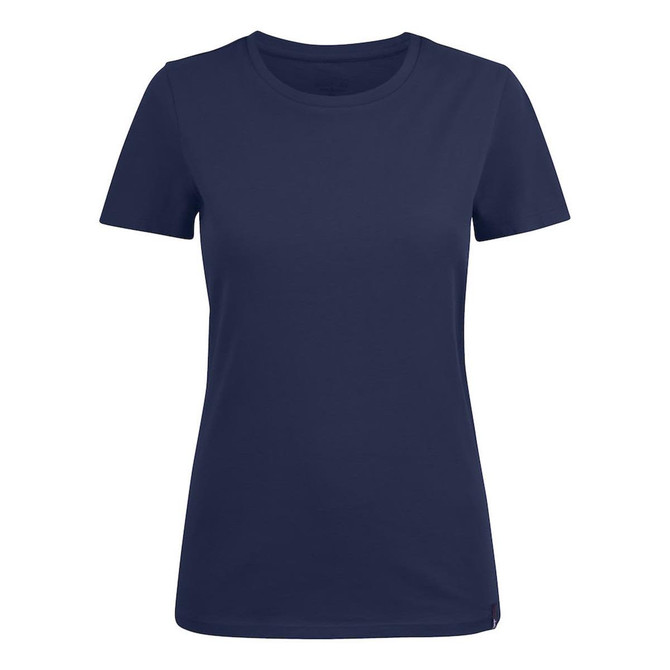 A navy women's crew neck t-shirt featuring short sleeves and a logo on the side.