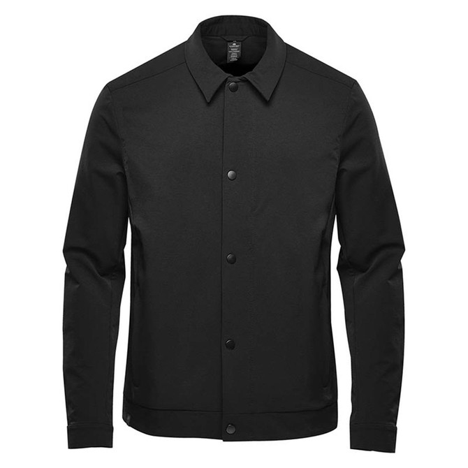A black men's jacket with a button-up front and a collar, featuring long sleeves and a branded logo.