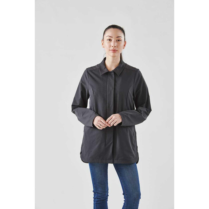 A women's jacket in dark grey, featuring a collared neckline and long sleeves, displayed on a model.