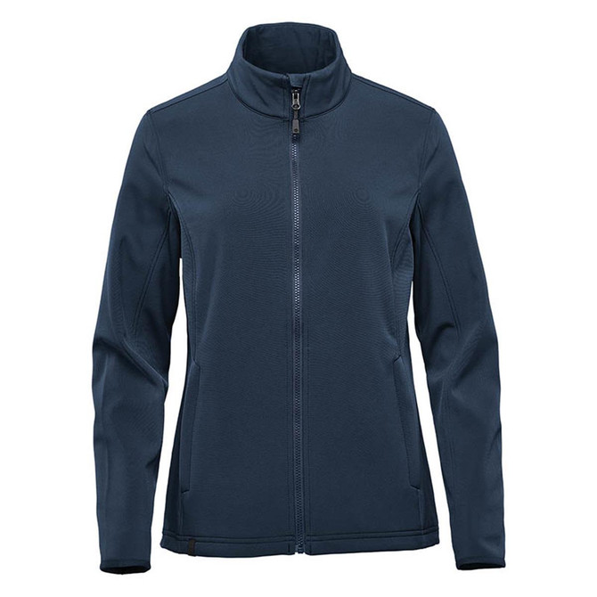 A navy softshell jacket with a full zip and high collar, featuring long sleeves and a logo on the chest.