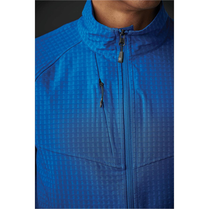 A close-up of a men's blue Kyoto jacket featuring a textured pattern and a zippered collar. The jacket includes a logo.