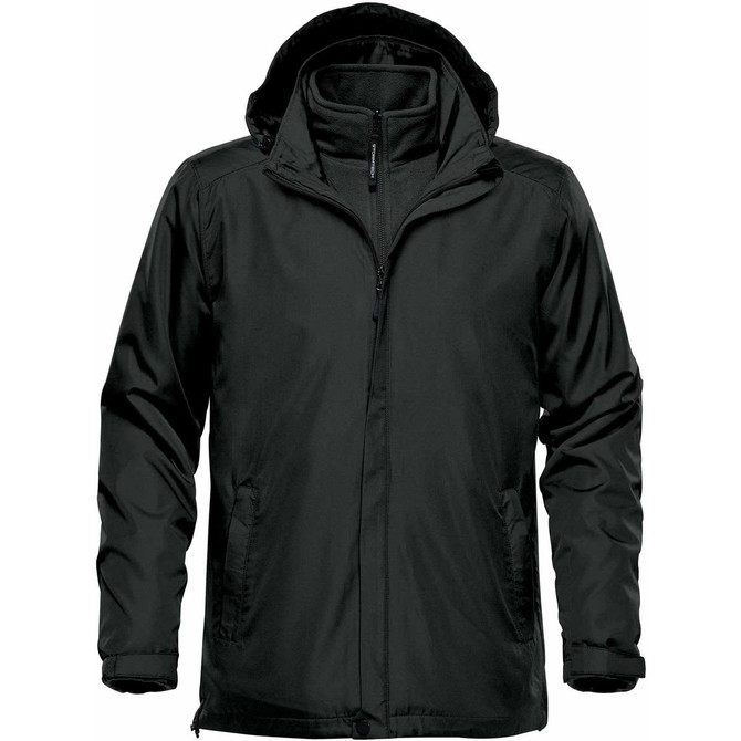 A black Men's Nautilus 3 in 1 Jacket with a hood and zipper, featuring an outer layer and an inner fleece lining.