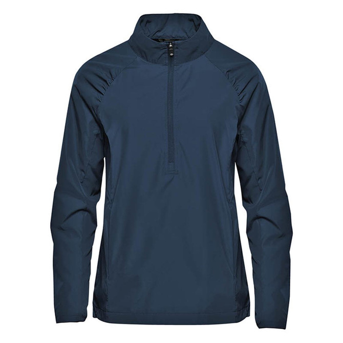 A women's Pacifica 1/4 zip anorak in navy blue, featuring a collar and long sleeves, with a logo on the front.