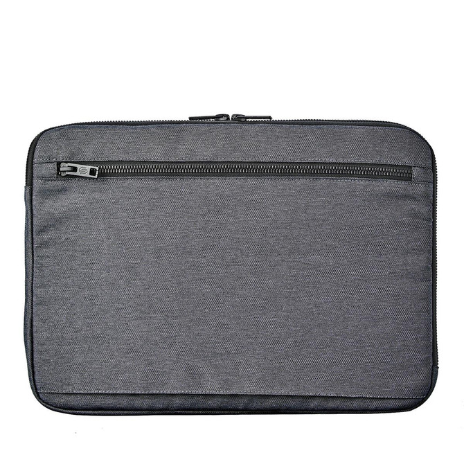 A laptop sleeve in grey fabric featuring a zippered pocket on the back and a sleek design.