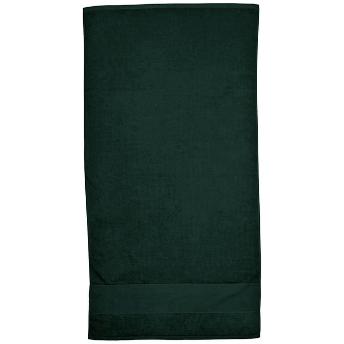 A dark green Terry Velour Towel featuring a smooth texture and a folded edge. It has a logo.