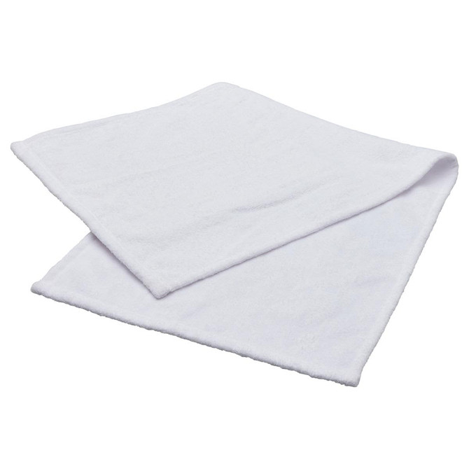 A white sublimation sports towel with a soft, plush texture, featuring a logo. Ideal for gym and outdoor activities.