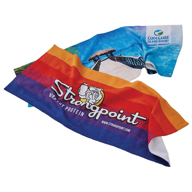 A vibrant sublimation sports towel featuring a multi-coloured design with a logo. Ideal for leisure and gym use.